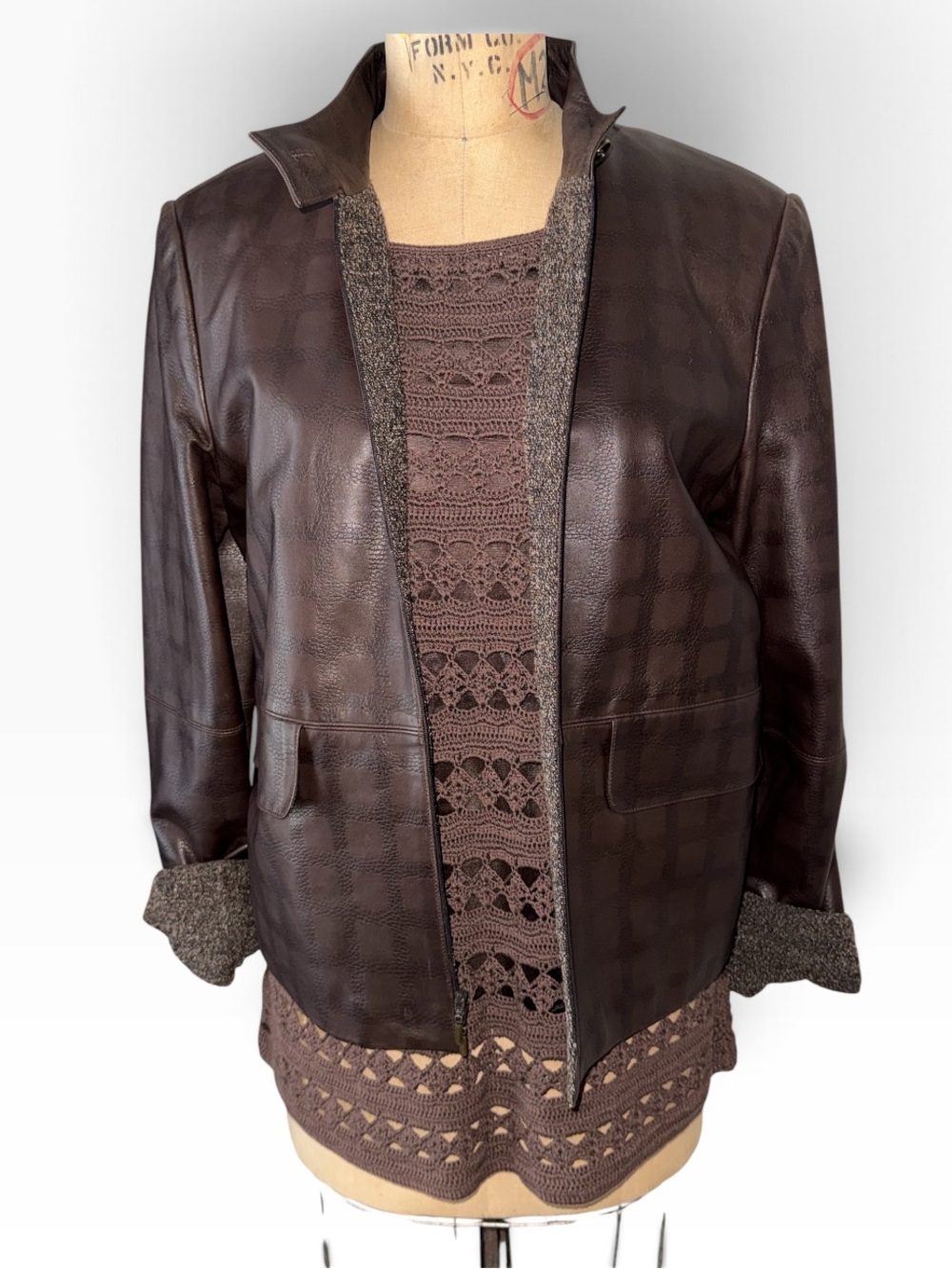 Vintage 90s Linda Allard Ellen Tracy Embossed Leather Bouclé Jacket 12